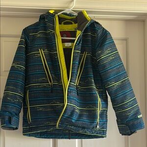 Modern Blue and Yellow Puffer Jacket with Bold Accents